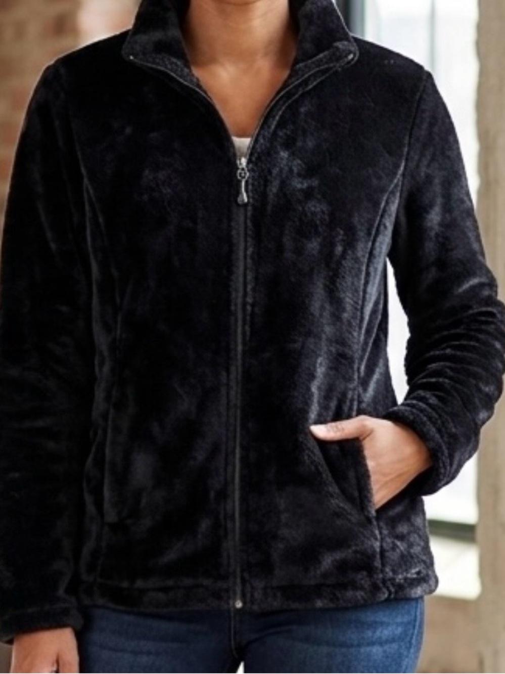 32 Degrees Heat Women's Faux Fur Full Zip Jacket Black Size M Cozy Teddy Plush